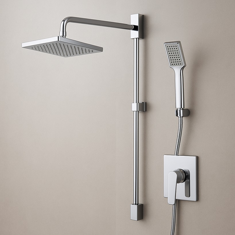 FontanaShowers shower faucet set with rain head, valve trim, and handheld shower